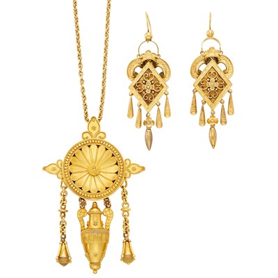 Lot 131 - Archaeological Revival Gold Pendant with Long Gold Chain and Pair of Antique Pendant-Earrings