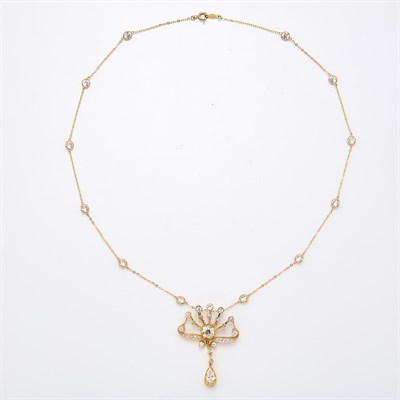 Lot 1024 - Gold and Diamond Pendant with Gold and Simulated Diamond Chain Necklace