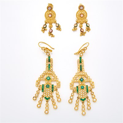 Lot 1648 - Pair of Gold, Emerald and Split Pearl Pendant-Earrings and Pair of Gold, Pink and Orange Stone Fringe Earrings