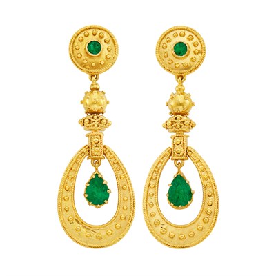 Lot 317 - Pair of Gold and Emerald Pendant-Earrings, Zolotas