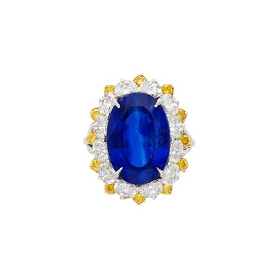 Lot 825 - Platinum, Gold, Sapphire, Diamond and Yellow Diamond Ring, Oscar Heyman Brothers