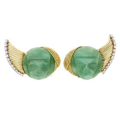 Lot 621 - Pair of Gold, Platinum, Carved Jade and Diamond Earclips