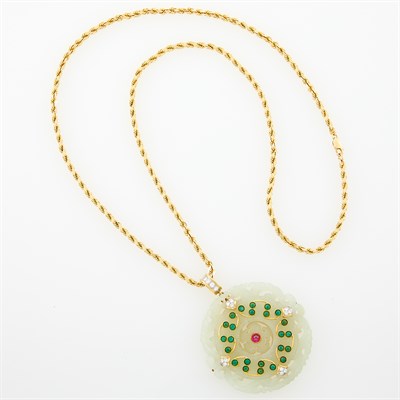 Lot 73 - Carved Jade, Gold, Cabochon Gem-Set and Diamond Pendant with Gold Chain Necklace