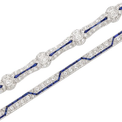 Lot 176 - Two Platinum, Diamond and Synthetic Sapphire Bracelets