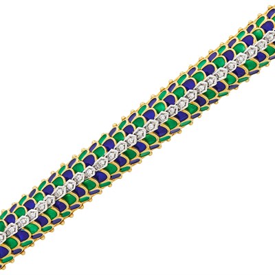 Lot 17 - Two-Color Gold, Blue and Green Enamel and Diamond Dome Bracelet