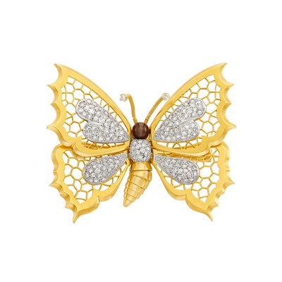 Lot 126 - Gold, Platinum, Dyed Freshwater Pearl and Diamond 'En Trembant' Butterfly Brooch
