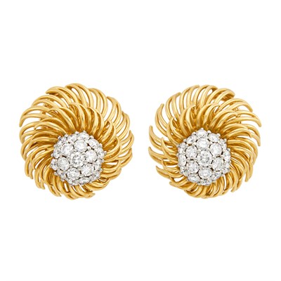 Lot 57 - Pair of Gold and Diamond Dome Flower Earclips