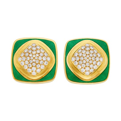 Lot 5 - Pair of Gold, Diamond and Green Enamel Earclips, De Vroomen