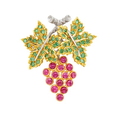 Lot 433 - Tricolor Gold, Cabochon Ruby and Emerald Berry Pendant-Brooch, Buccellati