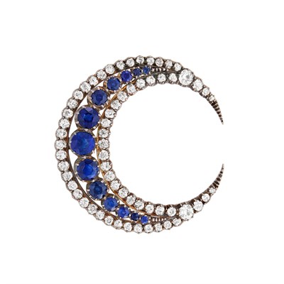 Lot 154 - Antique Silver, Gold, Sapphire and Diamond Crescent Brooch