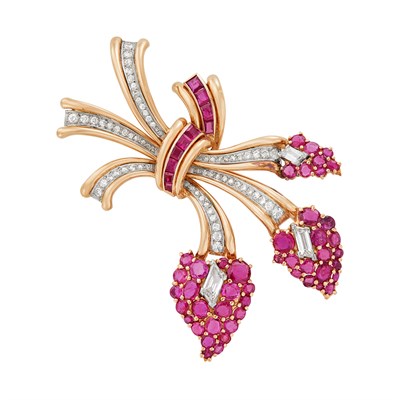 Lot 638 - Rose Gold, Platinum, Ruby and Diamond Bouquet Clip-Brooch