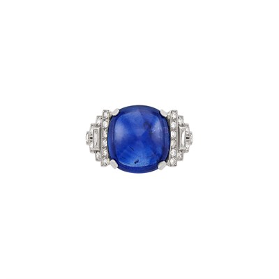 Lot 818 - Platinum, Cabochon Sapphire and Diamond Ring