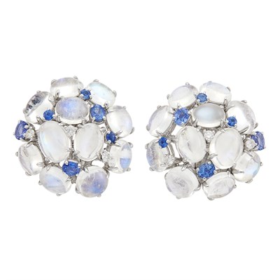 Lot 241 - Pair of White Gold, Moonstone, Diamond and Sapphire Cluster Earclips