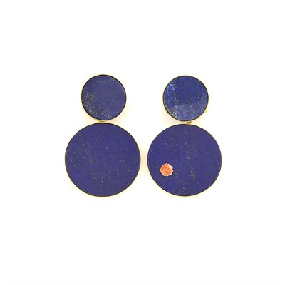 Lot 1108 - Pair of Gold, Lapis and Carved Coral Pendant-Earrings