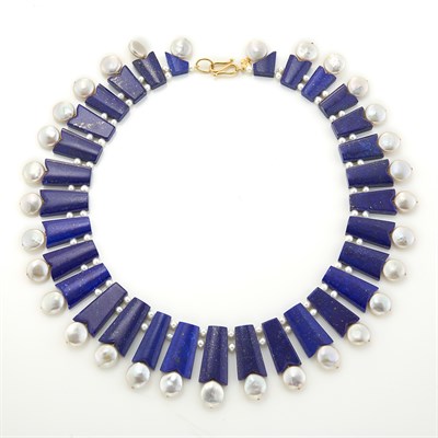 Lot 1449 - Lapis and Freshwater Pearl Necklace with Gold Clasp