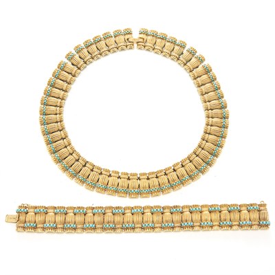Lot 1408 - Gilt-Metal and Simulated Turquoise Necklace and Bracelet, Ciner