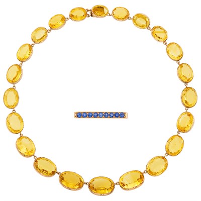 Lot 543 - Antique Gold and Citrine Necklace and Gold and Sapphire Bar Pin