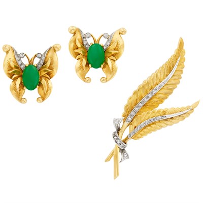 Lot 92 - Two-Color Gold and Diamond Leaf Brooch and Pair of Gold, Jade and Diamond Butterfly Earclips