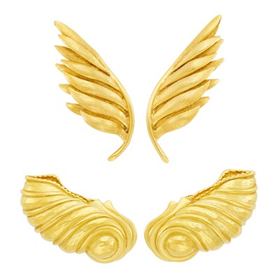 Lot 661 - Pair of Gold Leaf Earclips, Tiffany & Co., and Pair of Gold Shell Earclips, Barry Kieselstein-Cord
