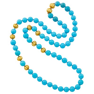 Lot 287 - Long Turquoise and Fluted Gold Bead Necklace