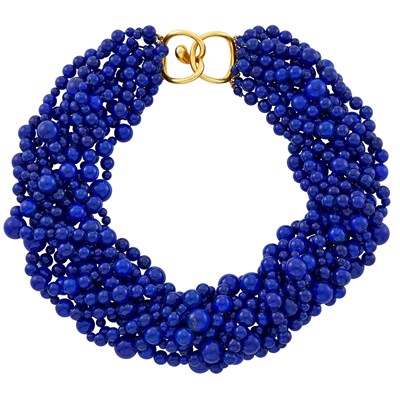 Lot 669 - Multistrand Lapis Bead Torsade Necklace with Gold Clasp, Angela Cummings