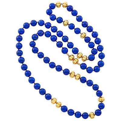 Lot 683 - Long Lapis and Gold Bead Necklace