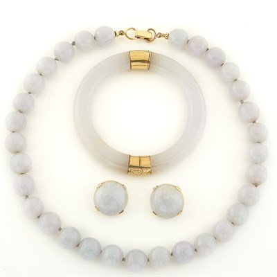 Lot 1714 - Lavender Jade and Gold Bangle Bracelet, Necklace and Pair of Earclips