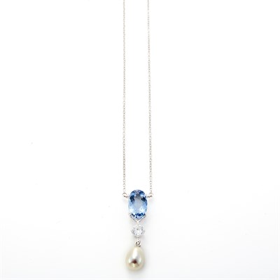 Lot 1281 - White Gold, Aquamarine, White Zircon and Freshwater Pearl Pendant-Necklace, Thomas Cooper