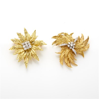 Lot 1042 - Two Gold and Diamond Flower Brooches