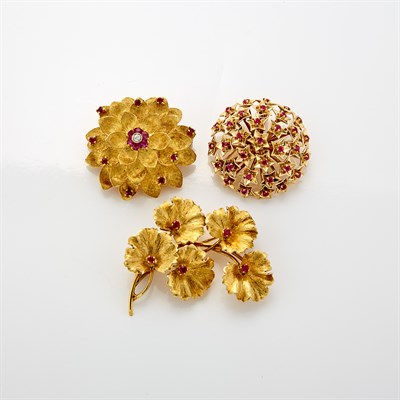 Lot 1288 - Two Gold and Ruby Brooches, Tiffany & Co., Gold, Ruby and Diamond Flower Brooch, Cartier