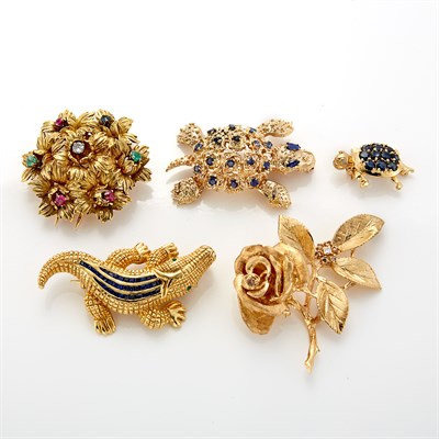 Lot 1485 - Gold and Gem-Set Flower Brooch, France, Gold and Sapphire Crocodile Brooch, Two Turtle Brooches and Flower Brooch