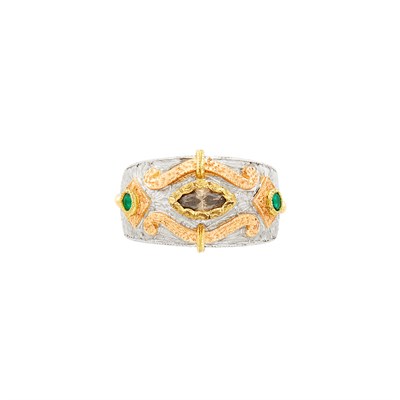 Lot 379 - White and Rose Gold, Brown Diamond and Emerald Band Ring, Cazzaniga