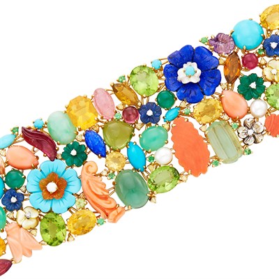 Lot 719 - Wide Gold, Multicolored Stone, Freshwater Pearl and Diamond Bracelet