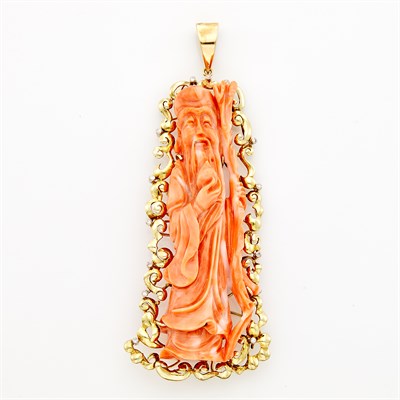 Lot 1100 - Gold, Carved Coral and Diamond Pendant