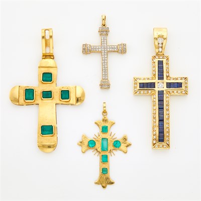 Lot 1356 - Four Low Karat Gold, Gold, Synthetic Colored Stone, Synthetic Diamond and Diamond Cross Pendants