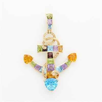 Lot 1191 - Gold, Colored Stone and Diamond Anchor Pendant