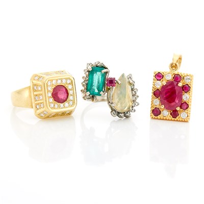 Lot 1623 - Gold, Diamond and Synthetic Ruby Ring and Pendant and White Gold, Colored Stone and Diamond Ring