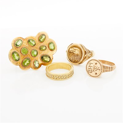 Lot 1459 - Three Gold Rings and Metal and Peridot Pendant-Brooch