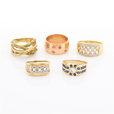 Lot 1774 - Five Low Karat Gold, Gold, Silver, Diamond, Cubic Zirconia and Synthetic Colored Stone Rings