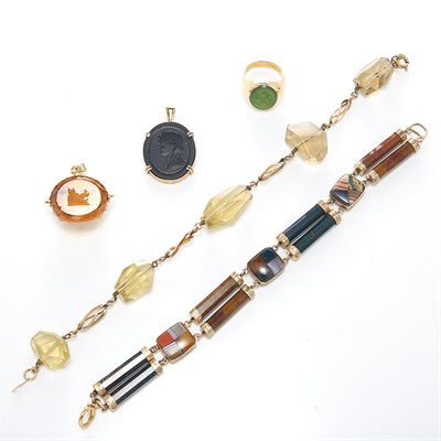 Lot 1539 - Gold, Gold-Filled and Silver Bracelets, Cameo Pendant, Intaglio Watch Fob and Ring