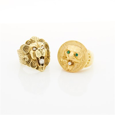 Lot 1607 - Two Gold, Diamond and Emerald Lion Head Rings
