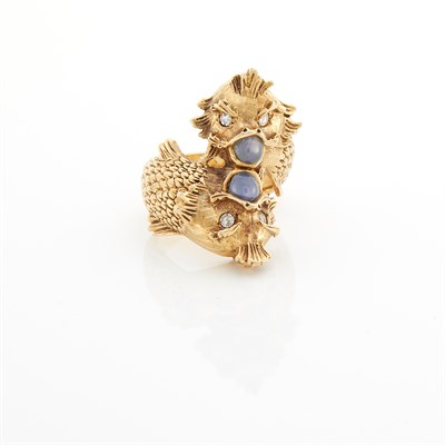 Lot 1377 - Gold, Gray Star Sapphire and Diamond Double Fish Head Ring