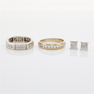 Lot 1240 - Two White Gold and Diamond Band Rings and Pair of Stud Earrings