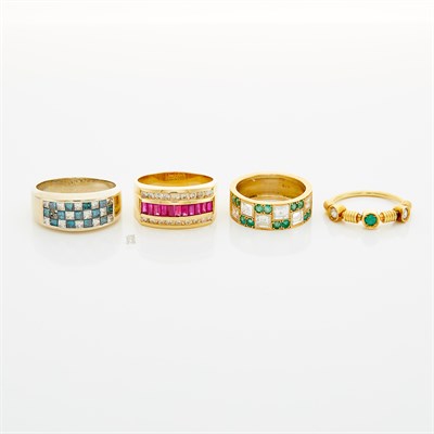 Lot 1582 - Four Gold, White Gold, Diamond, Treated Colored Diamond and Gem-Set Rings