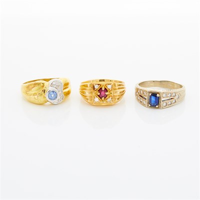 Lot 1570 - Three Gold, White Gold, Sapphire, Ruby and Diamond Rings