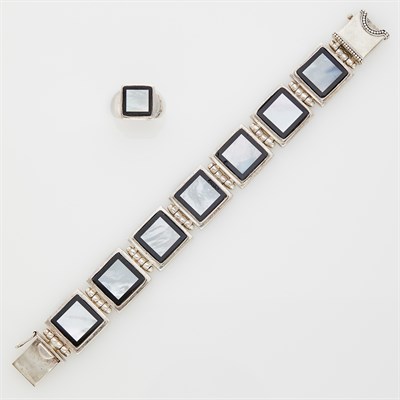 Lot 236 - Sterling Silver, Mother-of-Pearl and Black Onyx Bracelet and Ring