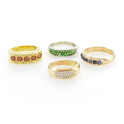 Lot 218 - Gold and Diamond Band Ring and Three Gilt-Metal, Simulated and Gem-Set Band Rings