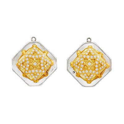 Lot 172 - Pair of Platinum, Gold, South Sea Cultured Pearl, Fancy Intense Yellow Diamond and Diamond Pendant-Earclips