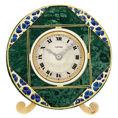 Lot 180 - Belle Époque Gold, Platinum, Brass, Green Marble, Enamel and Diamond Desk Clock, France