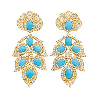 Lot 836 - Pair of Gold, Turquoise and Diamond Pendant-Earrings